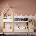 Twin over Twin House Bunk Bed with White Storage Staircase and Blackboard, White and Natural 