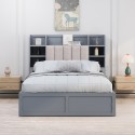 Multi-functional Full Size Bed Frame with 4 Under-bed Portable Storage Drawers and Multi-tier Bedside Storage Shelves, Grey 