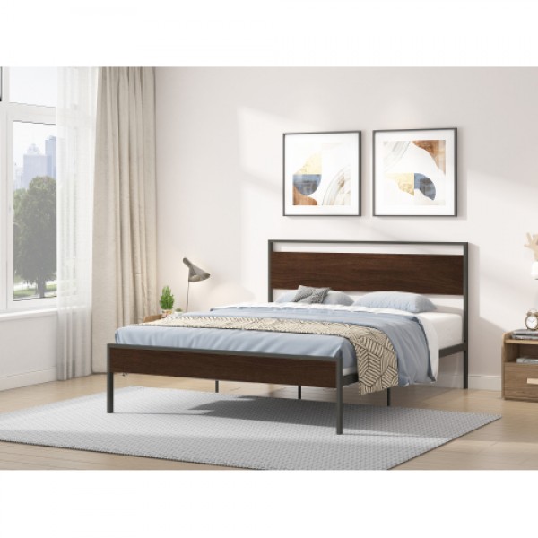 Metal Bed, Black with Walnut Wood Headboard&Footboard, Queen 