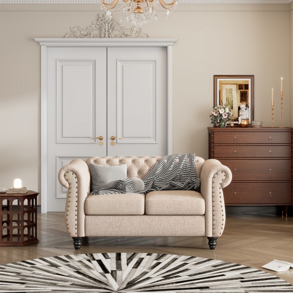 60" modern sofa Dutch plush upholstered sofa, solid wood legs, buttoned tufted backrest, beige 