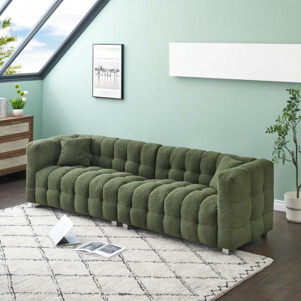 Luxurious 102-Inch Green Teddy Fleece Sofa for Living Room, Bedroom, or Apartment - Includes Two Throw Pillows & Reinforced with Heavy-Duty Hardware Feet 