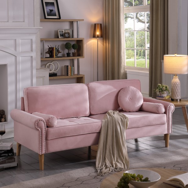 Living Room Sofa,3-Seater Sofa , with Copper Nail on Arms ,Three Pillow,Pink 