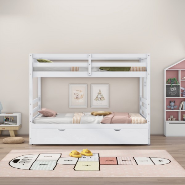 Twin over Pull-out Bunk Bed with Trundle, White 