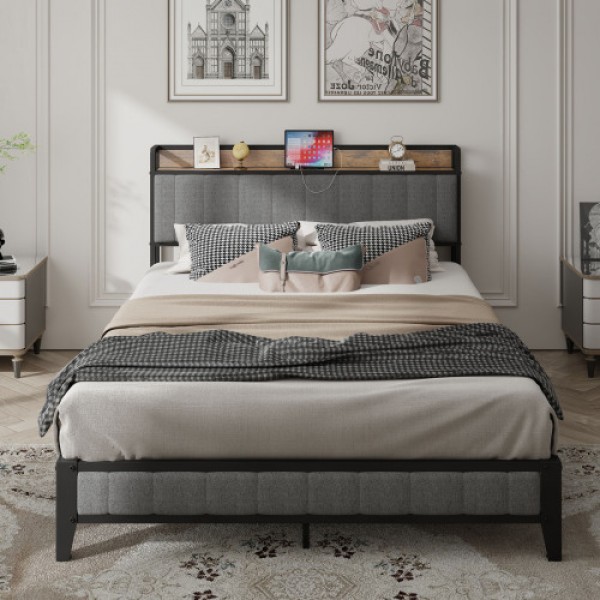 Queen Size Bed Frame with Charging Station, Upholstered Headboard, Metal Platform, Grey 