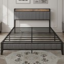 Queen Size Bed Frame with Charging Station, Upholstered Headboard, Metal Platform, Grey 