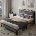 Queen Size Bed Frame with Charging Station, Upholstered Headboard, Metal Platform, Grey 