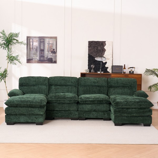 U-shaped profile sofa, including two single seats and two chaise, modular sofa, Chenille sofa,Green