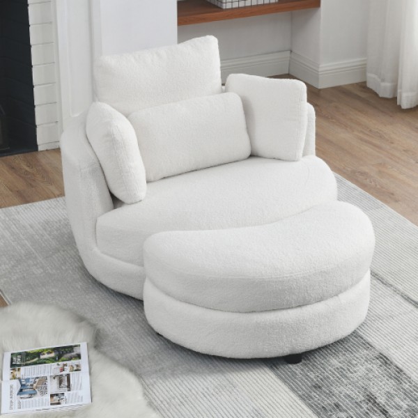 39"W Oversized Swivel Chair with moon storage ottoman for Living Room, Modern Accent Round Loveseat Circle Swivel Barrel Chairs for Bedroom Cuddle Sofa Chair Lounger Armchair, 4 Pillows, Teddy Fabric 