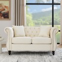 58.8" Chesterfield Sofa Beige Velvet for Living Room, 2 Seater Sofa Tufted Couch with Rolled Arms and Nailhead for Living Room, Bedroom, Office, Apartment, two pillows