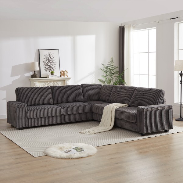 110-Inch Oversized Corduroy Corner Sofa,L Shaped Corner Couch with two storage spaces,USB port & T-pyce port and Cup-holder , Deep Seat Comfy Upholstered Couches for Living Room(Not freely combinable) 