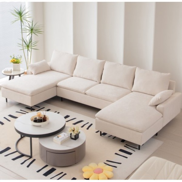 U-Shaped linen sectional sofa with double chaises,Beige 